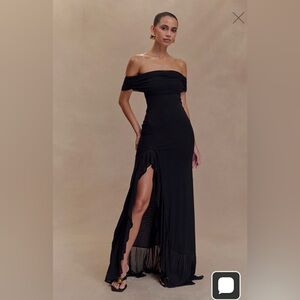 Meshki Audrey Black Off-Shoulder Mesh Maxi Dress